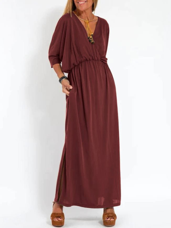 Midi haljina s V izrezom, kratkim rukavima, srednji struk, Ice Silk triacetatna tkanina (30–50% triacetata)