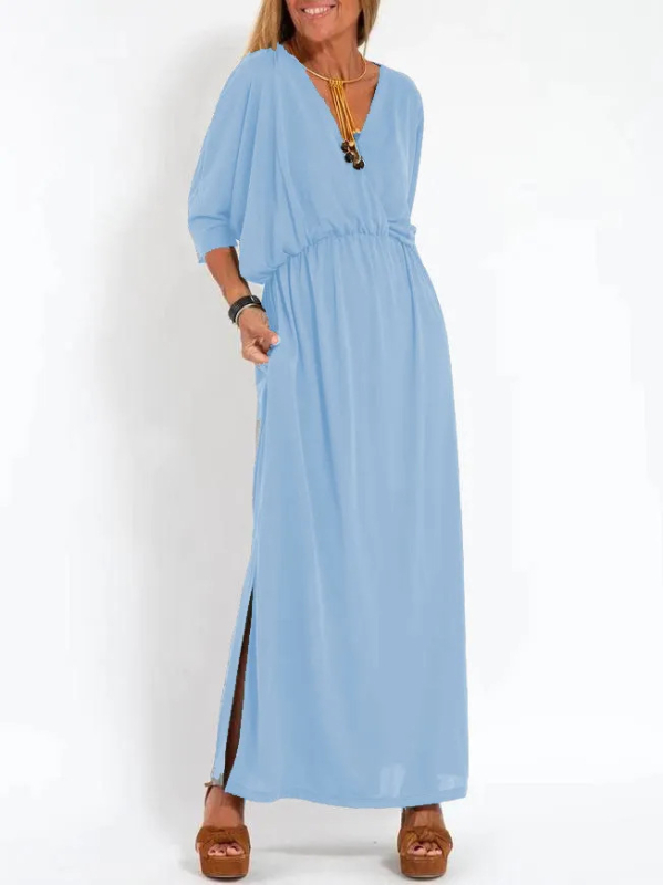 Midi haljina s V izrezom, kratkim rukavima, srednji struk, Ice Silk triacetatna tkanina (30–50% triacetata)