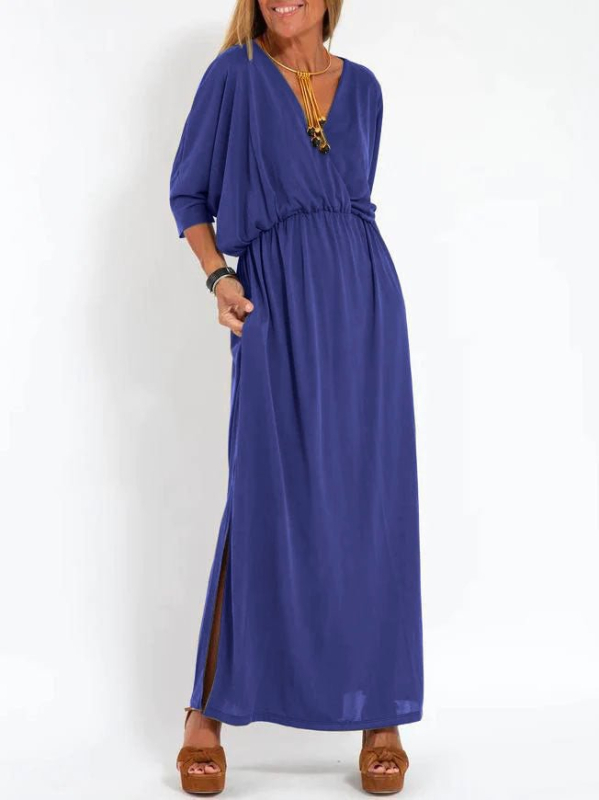 Midi haljina s V izrezom, kratkim rukavima, srednji struk, Ice Silk triacetatna tkanina (30–50% triacetata)