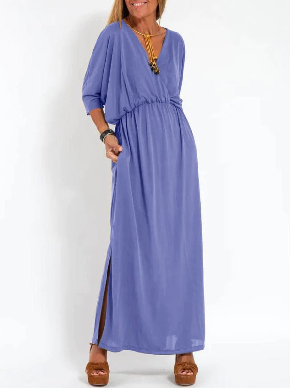 Midi haljina s V izrezom, kratkim rukavima, srednji struk, Ice Silk triacetatna tkanina (30–50% triacetata)