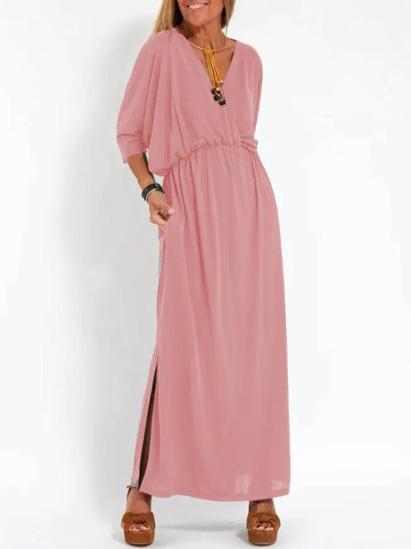 Midi haljina s V izrezom, kratkim rukavima, srednji struk, Ice Silk triacetatna tkanina (30–50% triacetata)