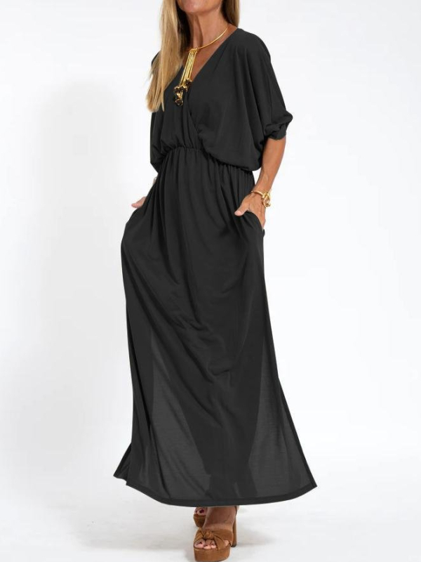 Midi haljina s V izrezom, kratkim rukavima, srednji struk, Ice Silk triacetatna tkanina (30–50% triacetata)