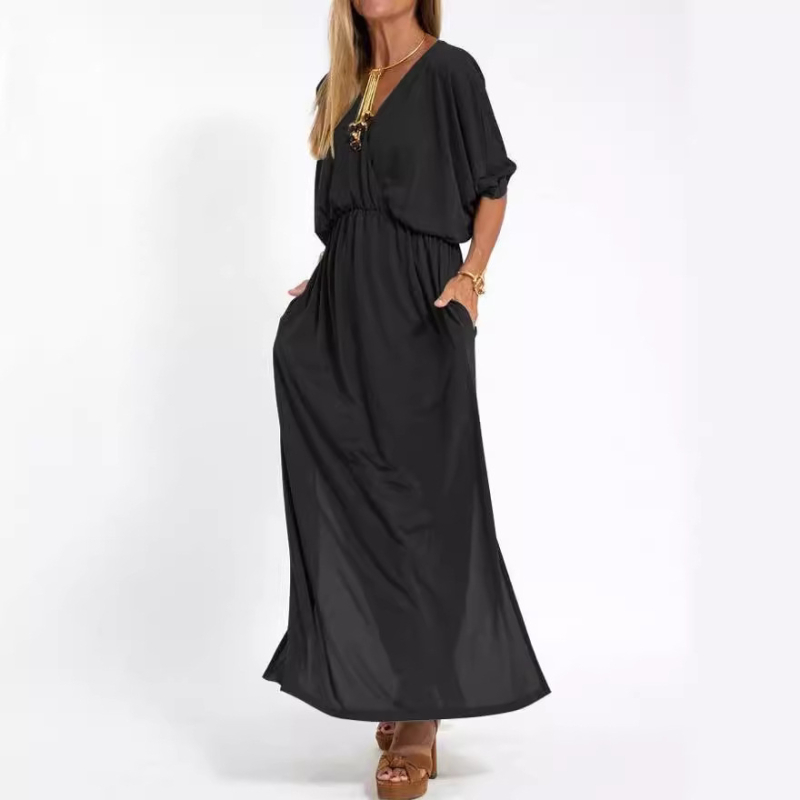 Midi haljina s V izrezom, kratkim rukavima, srednji struk, Ice Silk triacetatna tkanina (30–50% triacetata)