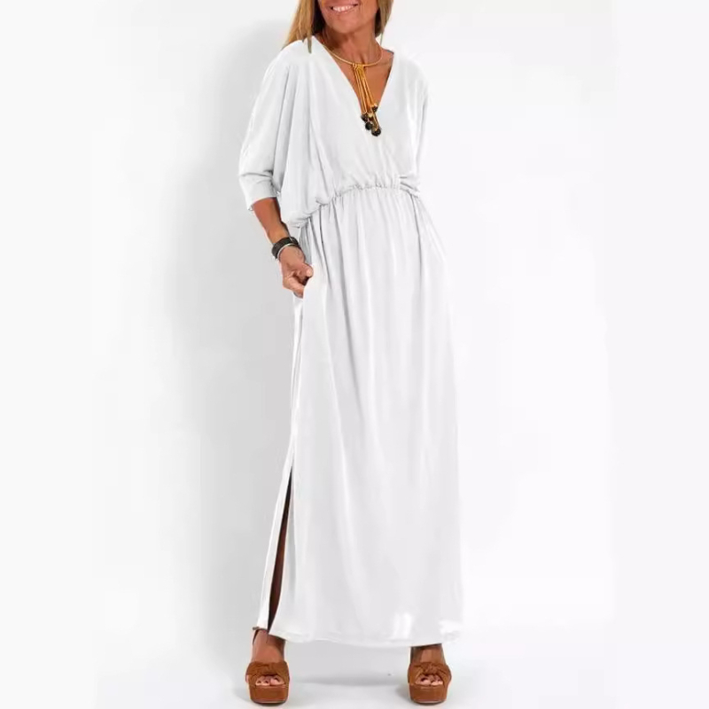 Midi haljina s V izrezom, kratkim rukavima, srednji struk, Ice Silk triacetatna tkanina (30–50% triacetata)