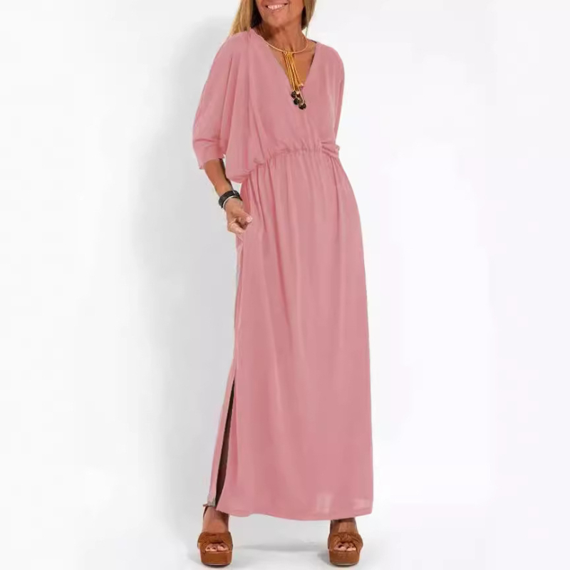 Midi haljina s V izrezom, kratkim rukavima, srednji struk, Ice Silk triacetatna tkanina (30–50% triacetata)