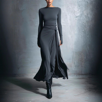 Stretch poliészterből készült A-vonalú ruha hosszú, szabálytalan szoknyával, középső derék, egyvonalú gallér