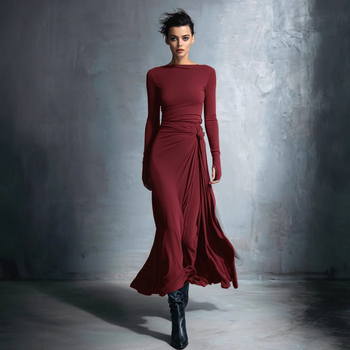 Stretch poliészterből készült A-vonalú ruha hosszú, szabálytalan szoknyával, középső derék, egyvonalú gallér