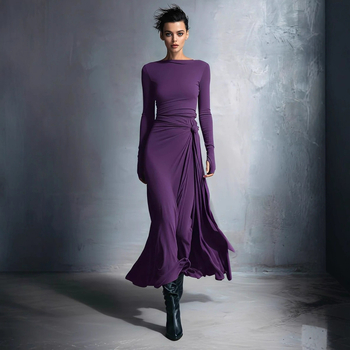 Stretch poliészterből készült A-vonalú ruha hosszú, szabálytalan szoknyával, középső derék, egyvonalú gallér