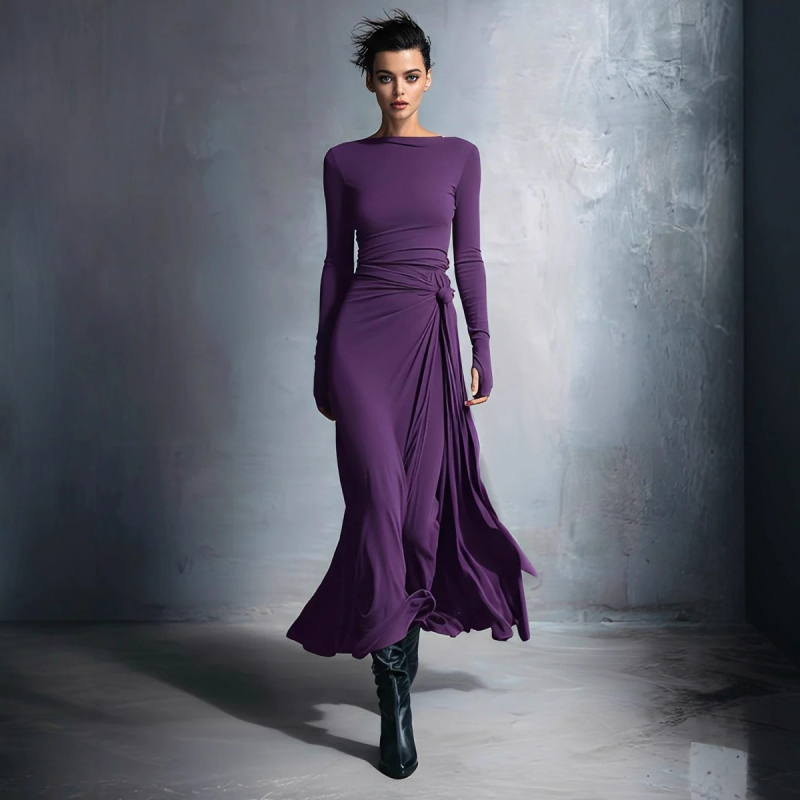 Stretch poliészterből készült A-vonalú ruha hosszú, szabálytalan szoknyával, középső derék, egyvonalú gallér