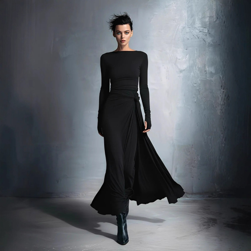 Stretch poliészterből készült A-vonalú ruha hosszú, szabálytalan szoknyával, középső derék, egyvonalú gallér