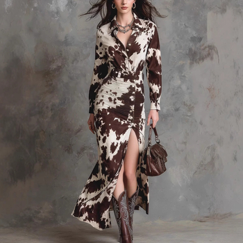 kardigán-stílusú ingruha, poliészter, állatmintás, rever gallér, szabálytalan hosszú szoknya