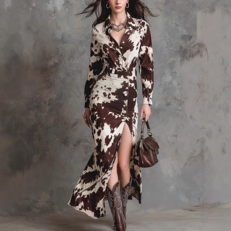 kardigán-stílusú ingruha, poliészter, állatmintás, rever gallér, szabálytalan hosszú szoknya