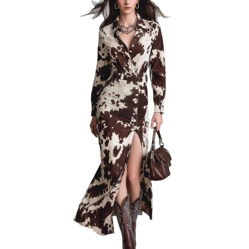 kardigán-stílusú ingruha, poliészter, állatmintás, rever gallér, szabálytalan hosszú szoknya