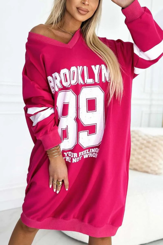 Őszi 2024 női laza pulóverruha, hosszú ujjú, V-nyak, A-vonalú midi hosszúság, betűs mintával, poliészter-spandex