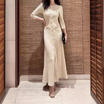 Duga haljina A-linije s proreznim dizajnom, elastični pojas, okrugli izrez, rukavi 3/4