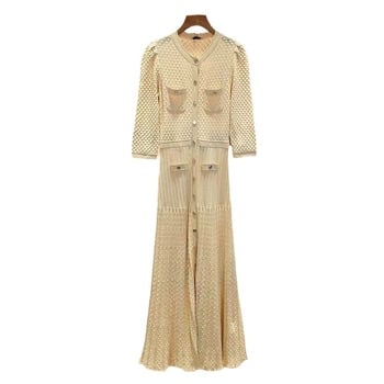 Duga haljina A-linije s proreznim dizajnom, elastični pojas, okrugli izrez, rukavi 3/4