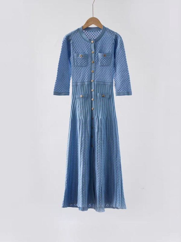 Duga haljina A-linije s proreznim dizajnom, elastični pojas, okrugli izrez, rukavi 3/4