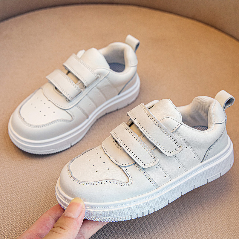 Dječje tenisice od prave kože s Velcro kopčanjem, bijele, za svakodnevnu upotrebu, proljeće i jesen, unisex.