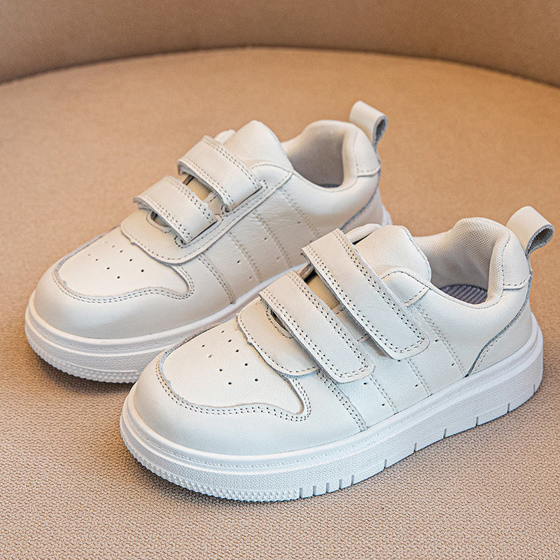 Dječje tenisice od prave kože s Velcro kopčanjem, bijele, za svakodnevnu upotrebu, proljeće i jesen, unisex.