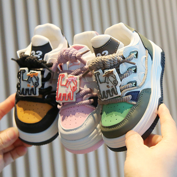 Детски спортни обувки за бягане, унисекс, карикатурен принт, дишащи, леки, PU горна част с гумена подметка, предно връзване, пролет-есен, за 1-6 години