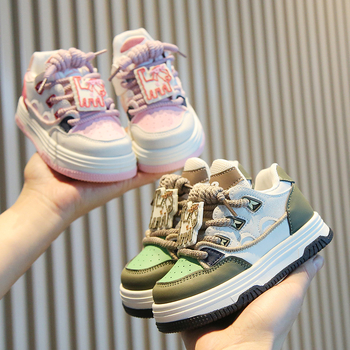 Детски спортни обувки за бягане, унисекс, карикатурен принт, дишащи, леки, PU горна част с гумена подметка, предно връзване, пролет-есен, за 1-6 години