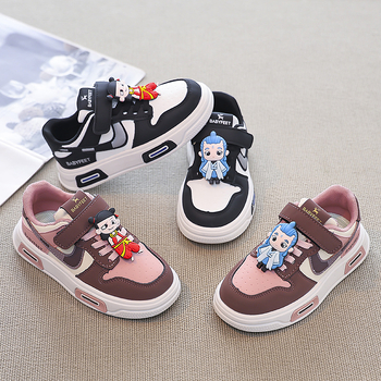 Унисекс детски кецове с дебела подметка, синтетична кожа горна част, лепенка Velcro, гумена подметка, животински принт, корейски стил, пролет 2025