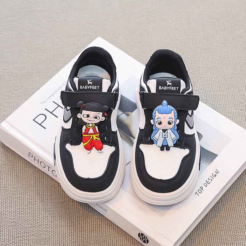 Унисекс детски кецове с дебела подметка, синтетична кожа горна част, лепенка Velcro, гумена подметка, животински принт, корейски стил, пролет 2025