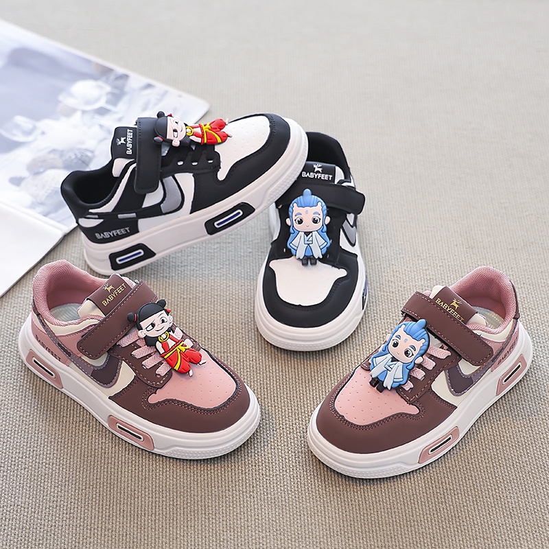 Унисекс детски кецове с дебела подметка, синтетична кожа горна част, лепенка Velcro, гумена подметка, животински принт, корейски стил, пролет 2025