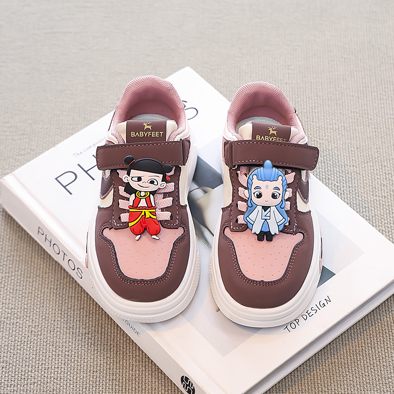 Унисекс детски кецове с дебела подметка, синтетична кожа горна част, лепенка Velcro, гумена подметка, животински принт, корейски стил, пролет 2025