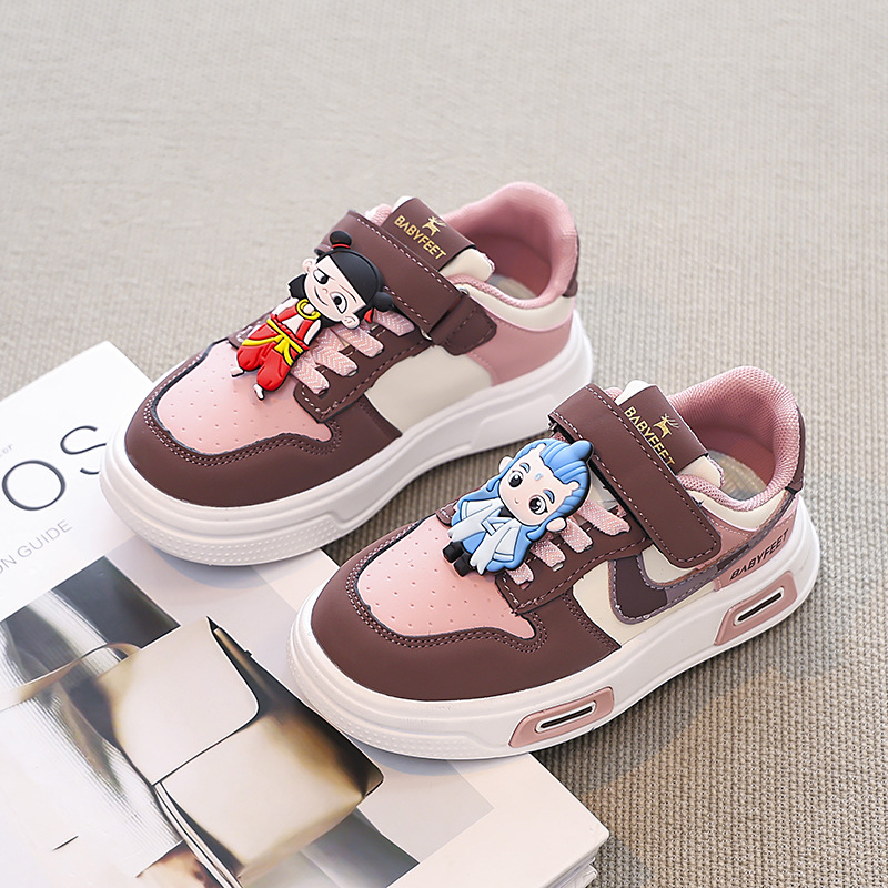 Унисекс детски кецове с дебела подметка, синтетична кожа горна част, лепенка Velcro, гумена подметка, животински принт, корейски стил, пролет 2025