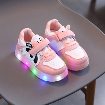 Unisex dječje tenisice s LED svjetlima, Panda kožni paneli, niski gornji dio, Velcro zatvarač, protuklizna potplata