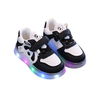 Unisex dječje tenisice s LED svjetlima, Panda kožni paneli, niski gornji dio, Velcro zatvarač, protuklizna potplata