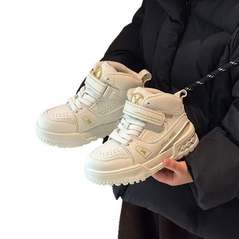 Dječje tenisice u korejskom stilu s fleece podstavom, kožni gornji dio, Velcro zatvarač, visok gornji dio, gumeni potplat