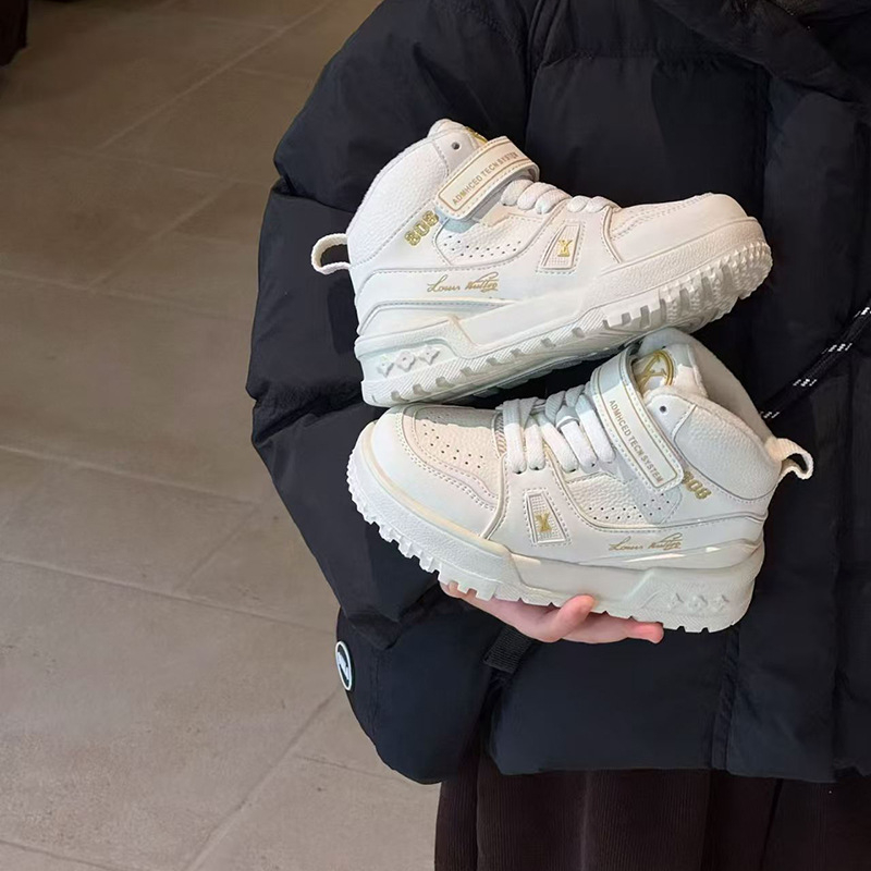 Dječje tenisice u korejskom stilu s fleece podstavom, kožni gornji dio, Velcro zatvarač, visok gornji dio, gumeni potplat