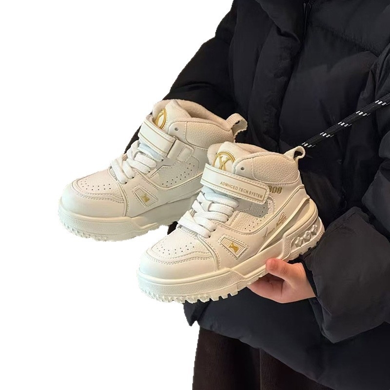 Dječje tenisice u korejskom stilu s fleece podstavom, kožni gornji dio, Velcro zatvarač, visok gornji dio, gumeni potplat