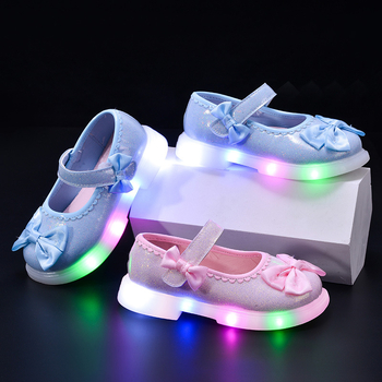 Pantofi pentru copii luminoși pentru fete, închidere Velcro, partea superioară PU, talpă TPR, stil prințesă cu fundă