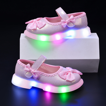 Pantofi pentru copii luminoși pentru fete, închidere Velcro, partea superioară PU, talpă TPR, stil prințesă cu fundă