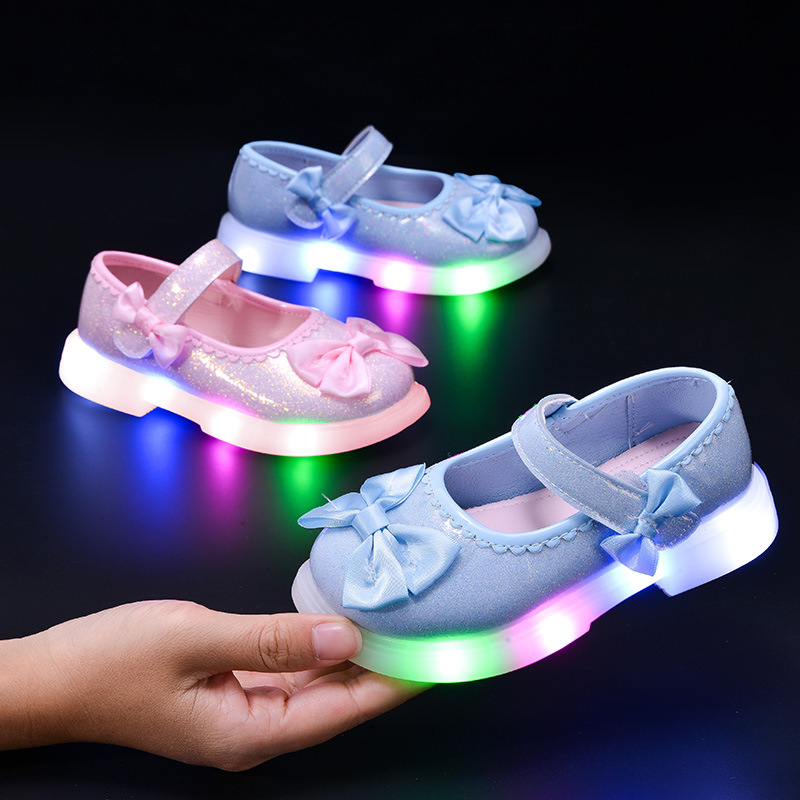 Pantofi pentru copii luminoși pentru fete, închidere Velcro, partea superioară PU, talpă TPR, stil prințesă cu fundă