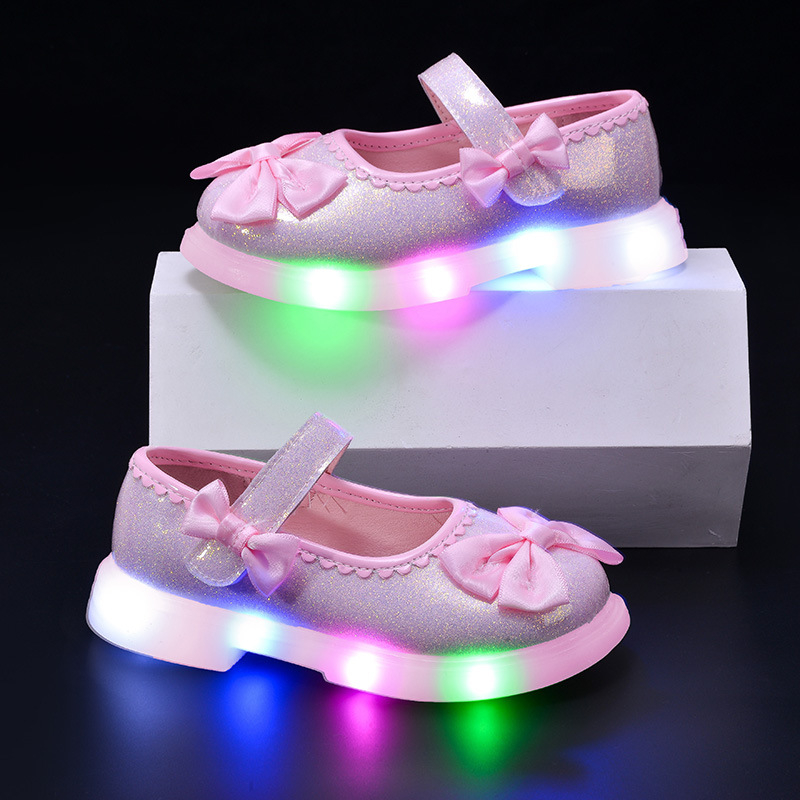 Pantofi pentru copii luminoși pentru fete, închidere Velcro, partea superioară PU, talpă TPR, stil prințesă cu fundă