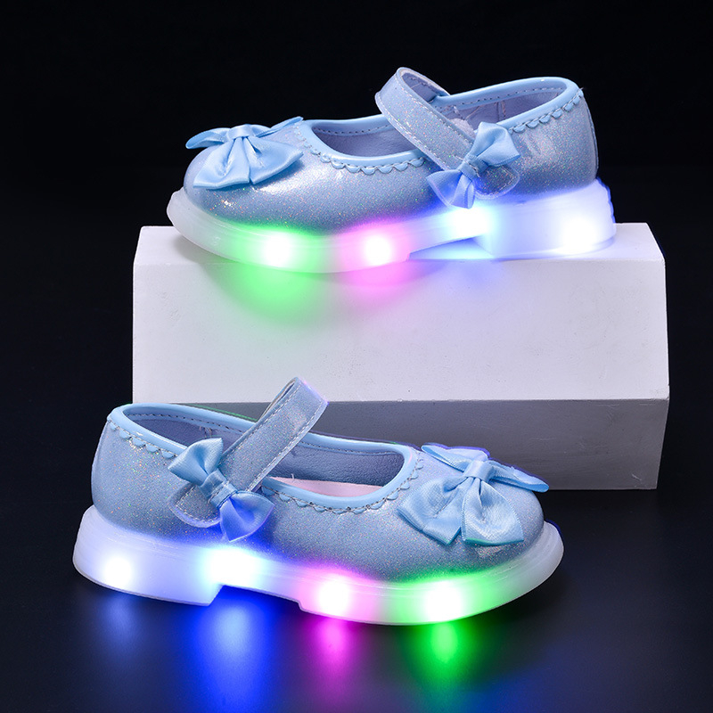 Pantofi pentru copii luminoși pentru fete, închidere Velcro, partea superioară PU, talpă TPR, stil prințesă cu fundă