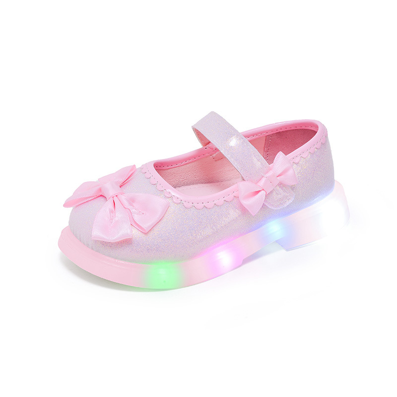 Pantofi pentru copii luminoși pentru fete, închidere Velcro, partea superioară PU, talpă TPR, stil prințesă cu fundă