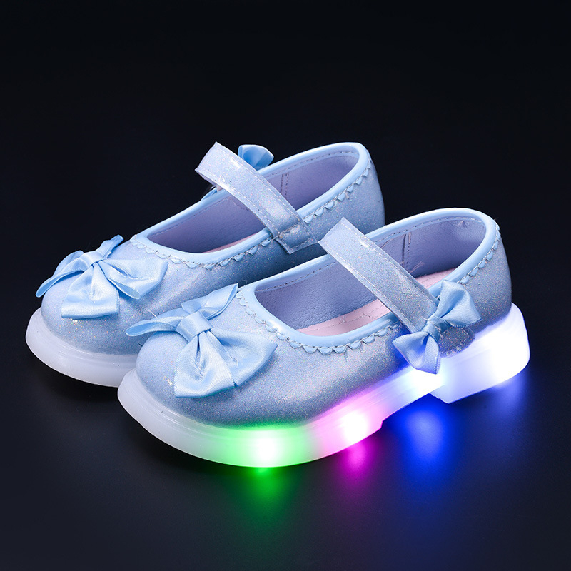 Pantofi pentru copii luminoși pentru fete, închidere Velcro, partea superioară PU, talpă TPR, stil prințesă cu fundă