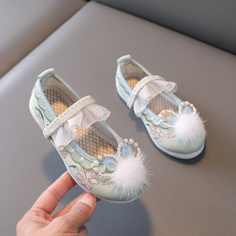 Hanfu tikitud kingad tüdrukutele, traditsioonilised etnilised riietus kingad lastele, ülaosa puuvillast, tald vasika kõõluse, riikliku õhu stiil