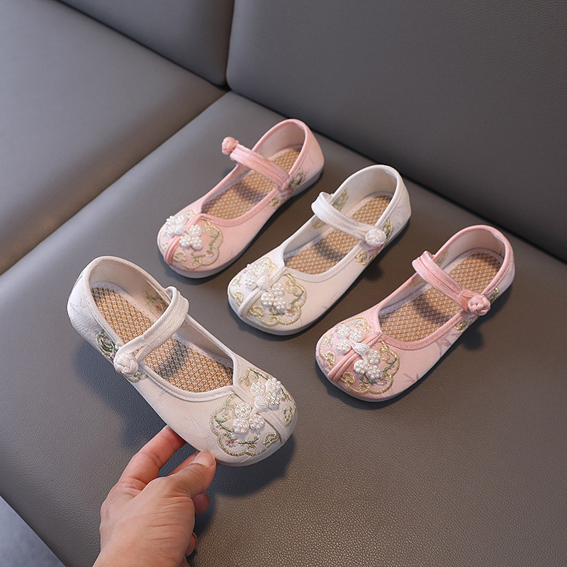 Lány Hanfu cipői, etnikus stílus (sátén felsőrész, textil talpbetét, TPR talp, rugalmas pánt)