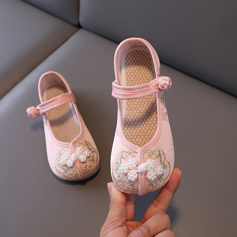 Lány Hanfu cipői, etnikus stílus (sátén felsőrész, textil talpbetét, TPR talp, rugalmas pánt)