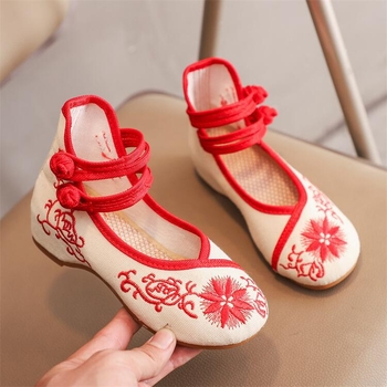 Pantofi pentru copii brodați, în stil Chinezesc — vârf rotund, închidere cu cataramă, partea superioară din canvas, talpă moale