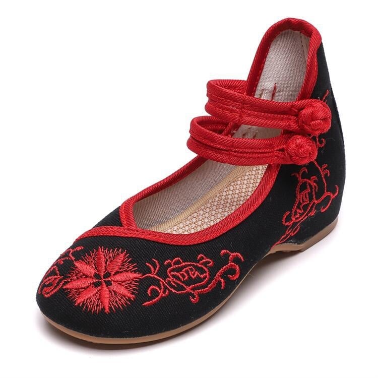 Pantofi pentru copii brodați, în stil Chinezesc — vârf rotund, închidere cu cataramă, partea superioară din canvas, talpă moale