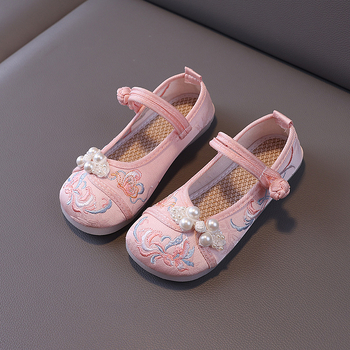 Gyerekeknek készült hímzett cipő, etnikus stílus, satin felső, textil belső talp, TPR talp, elasztikus pánt