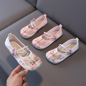 Gyerekeknek szóló, etnikus stílusú pillangó hímzéses lapos cipő, selyem felső, textil belső, TPR talp, elasztikus zárás, 1–16 éveseknek