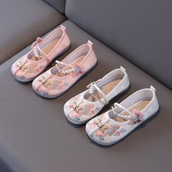 Gyerekeknek szóló, etnikus stílusú pillangó hímzéses lapos cipő, selyem felső, textil belső, TPR talp, elasztikus zárás, 1–16 éveseknek
